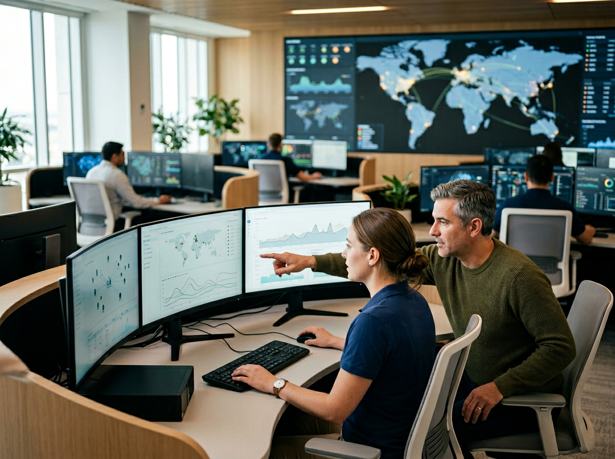 Security Operations Center analysts monitoring dashboards and data visualizations on curved monitors in a modern workspace