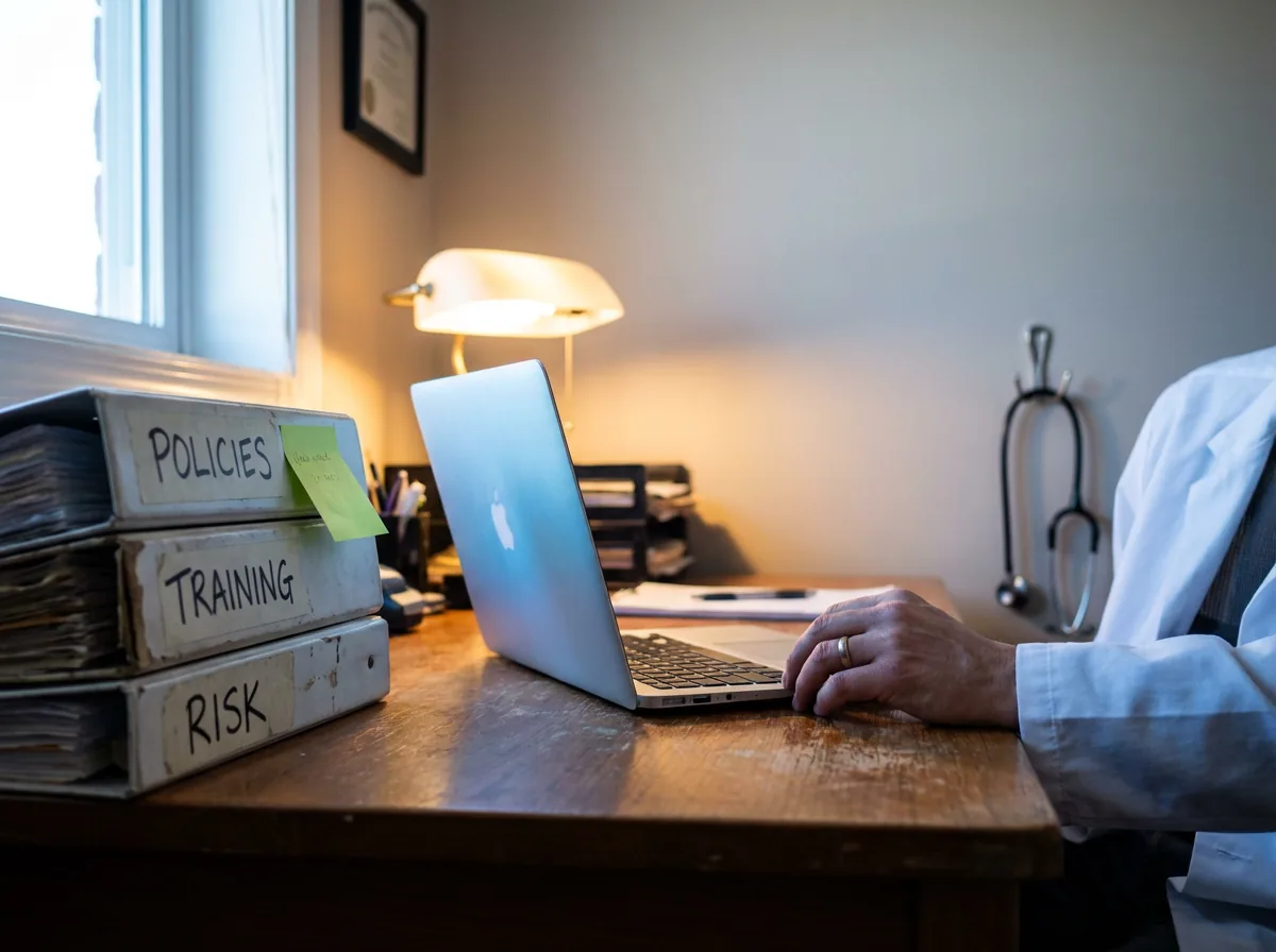 Clinic administrator caught between patient care and compliance paperwork — a stack of binders beside an open laptop
