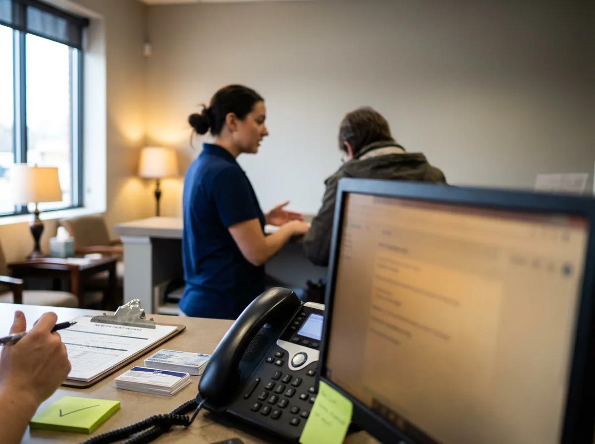Front-desk chiropractic practice computer mid-schedule update, with patient check-in in progress