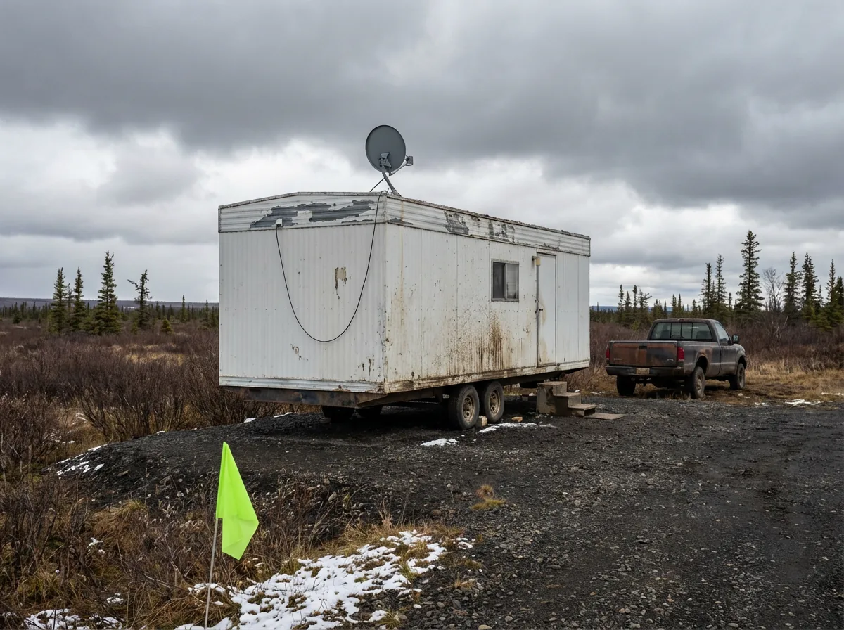 Weathered jobsite trailer with satellite antenna in remote Alaska landscape, illustrating the field connectivity challenge