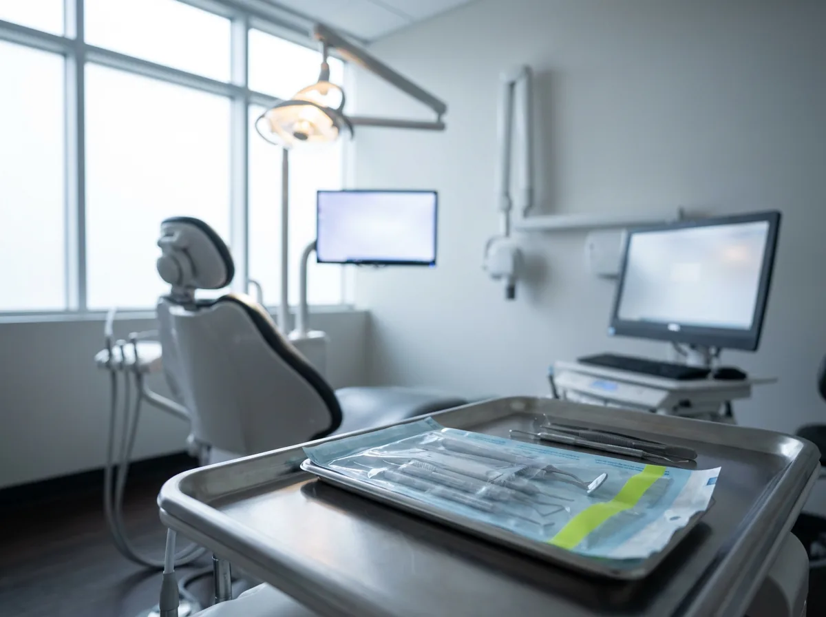 Modern dental operatory with imaging sensor, monitor, and practice-management workstation