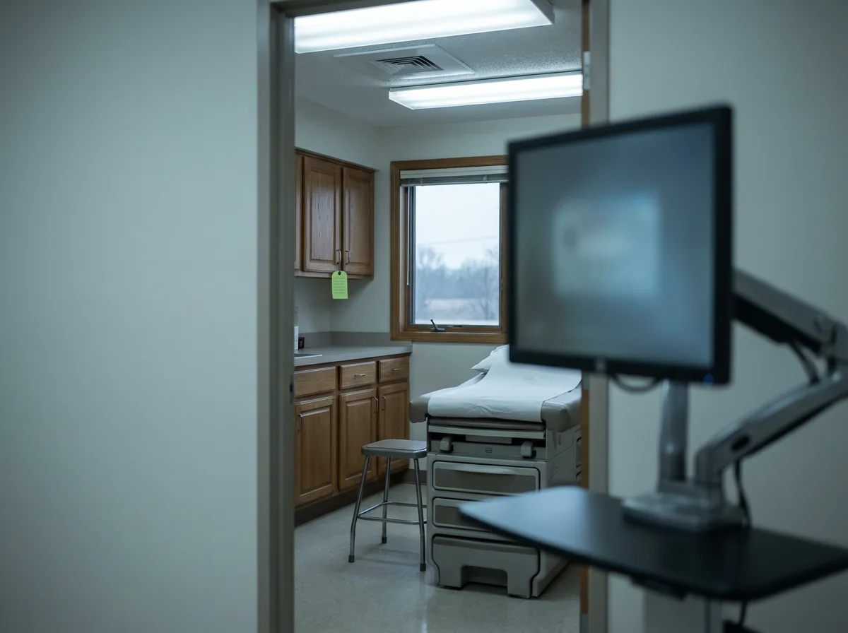 Empty rural clinic exam room with idle monitor, conveying care disrupted by IT downtime
