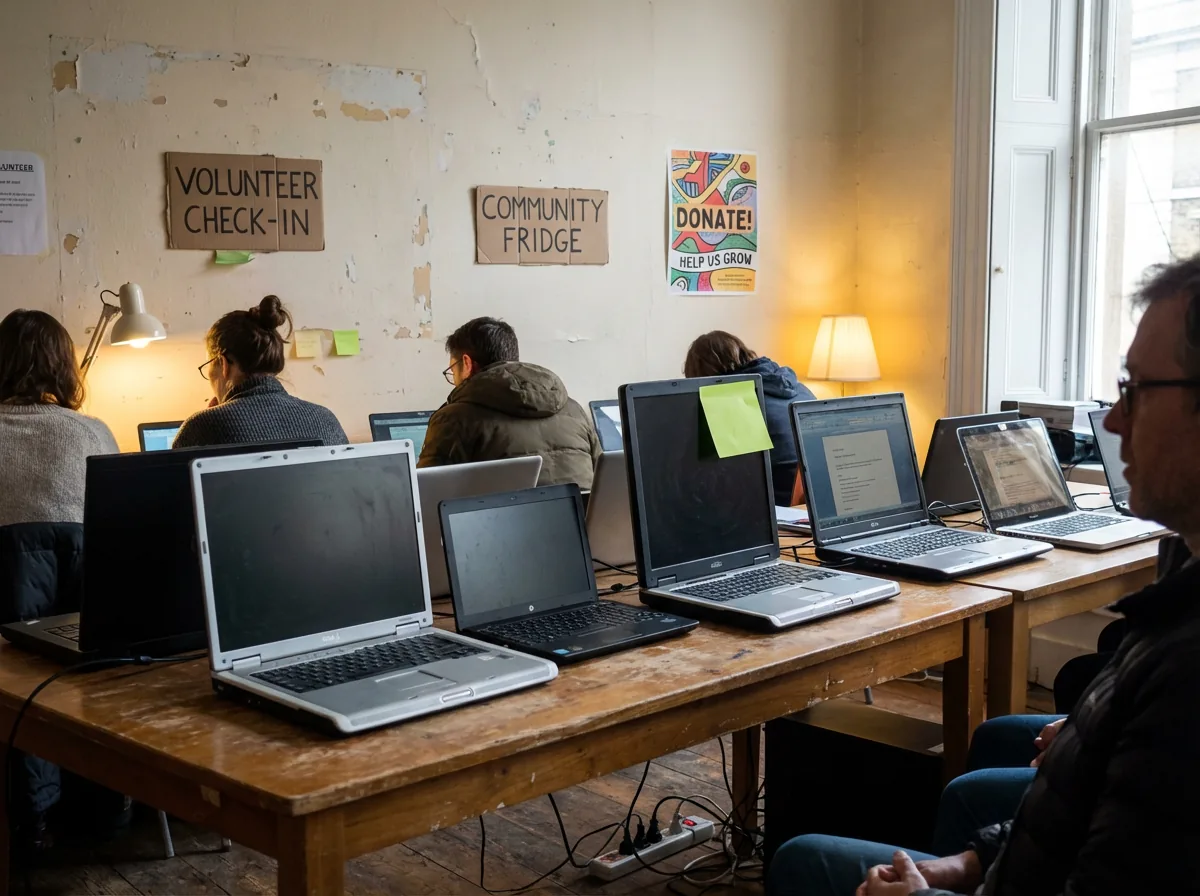 Community volunteer center with mismatched donated laptops in use, evoking the nonprofit IT reality