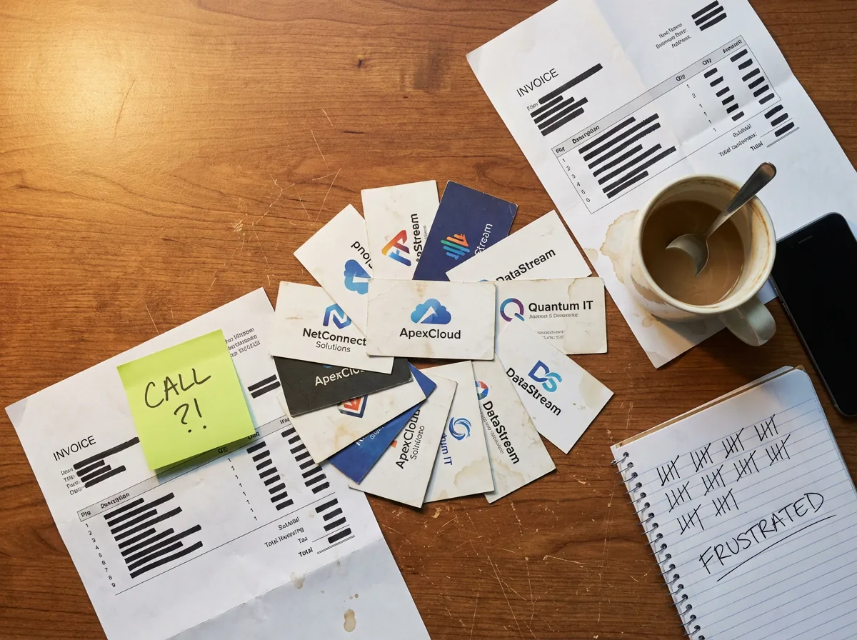 Tangle of IT vendor business cards and invoices on a desk, illustrating the fragmented-vendor pain