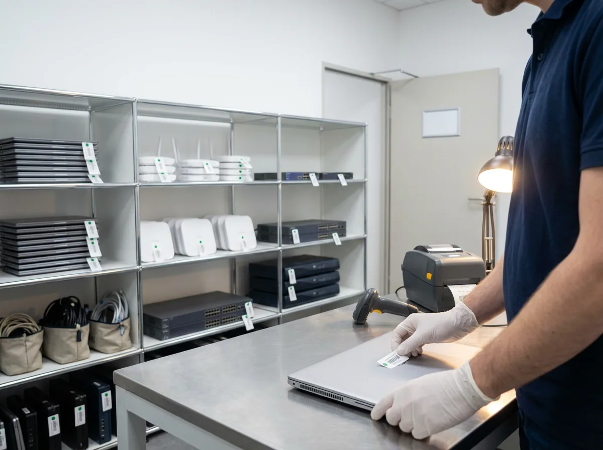 Technician labeling a closed laptop in a staging room of orderly shelved devices — the fleet is managed and inventoried
