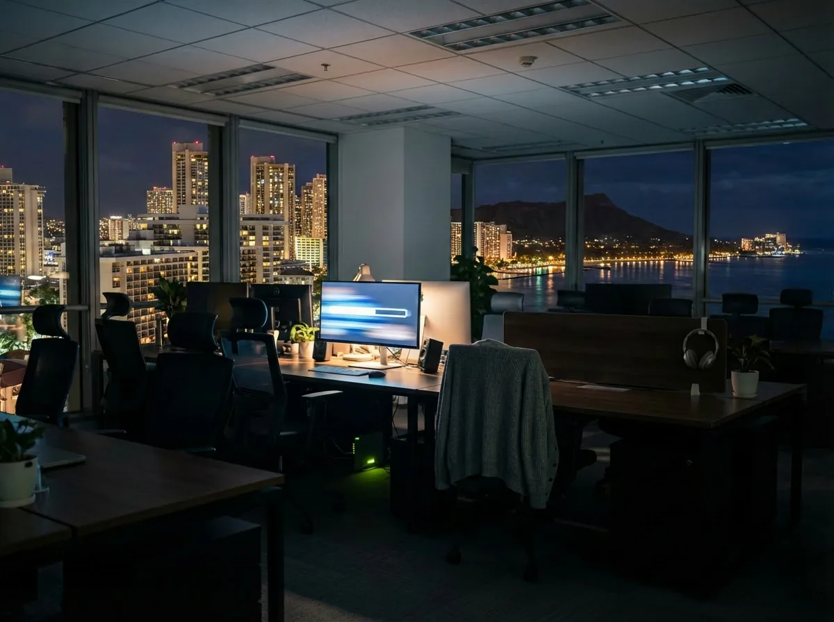 Quiet office at night with a single workstation running a software update