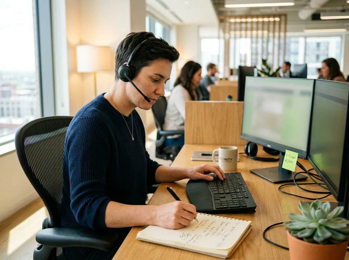 Help desk technician mid-call in a bright workspace, notebook and open laptop on the desk
