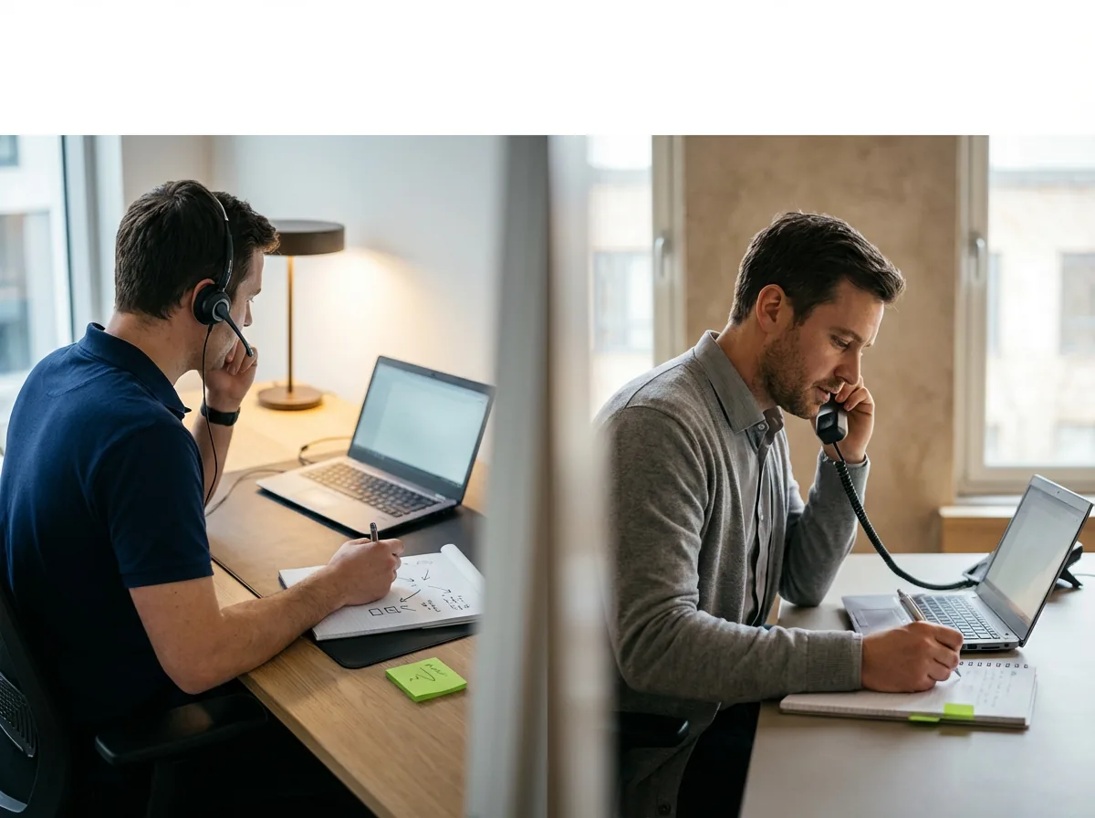 Vicinity technician and a client's in-house IT team member on a phone handoff call — two teams, one ticket