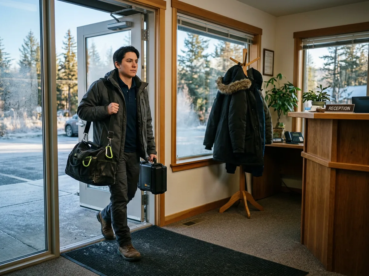 Field technician arriving at a client office with a tool bag, Alaska morning light